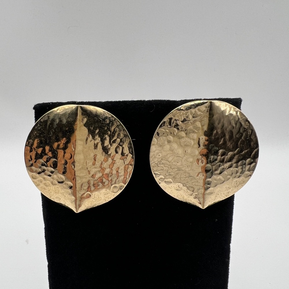 Vintage Gold Tone Hammered Disc Stud Earrings Large Round Statement